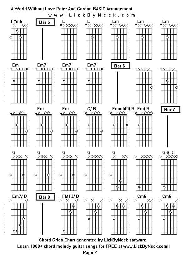 Chord Grids Chart of chord melody fingerstyle guitar song-A World Without Love-Peter And Gordon-BASIC Arrangement,generated by LickByNeck software.
